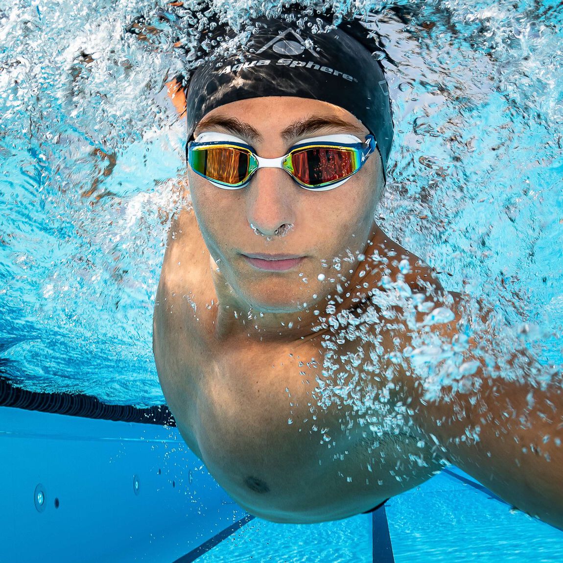 Aquasphere Fastlane swim goggles worn in the water