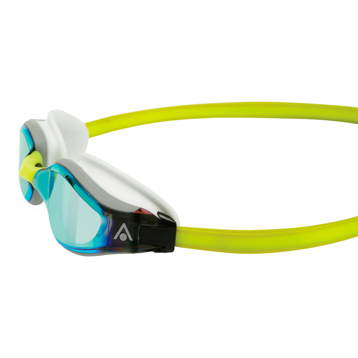 Aquasphere Fastlane swim goggles with yellow mirrored lens and white and yellow frame, side detail view