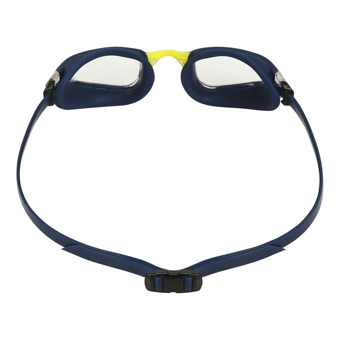 Aquasphere Fastlane swim goggles with clear lens and navy and yellow frame, front view