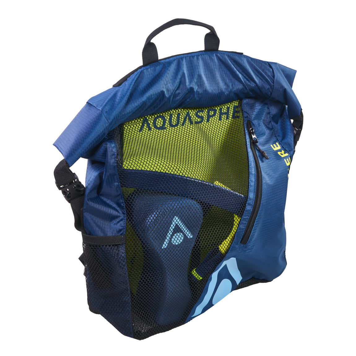 Aquasphere Gear Mesh Backpack 30L in navy, roll top open, seen at an angle