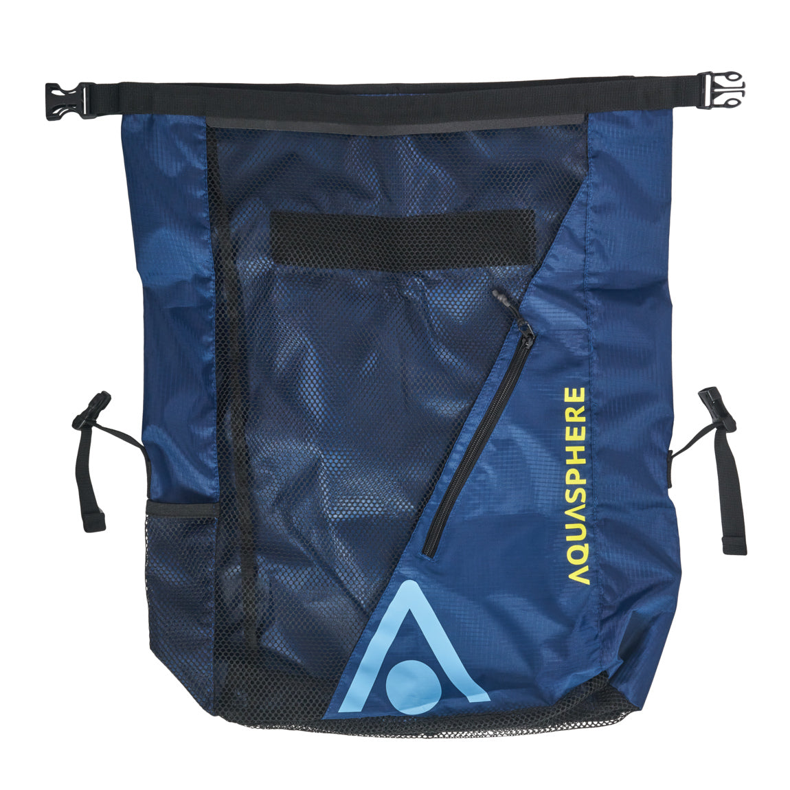 Aquasphere Gear Mesh Backpack 30L in navy, roll top open, seen at an angle