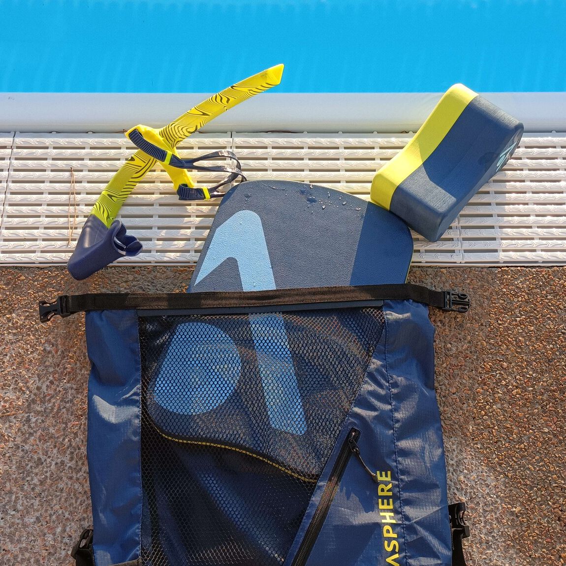 Aquasphere Gear Mesh Backpack 30L in navy, roll top open, seen at an angle