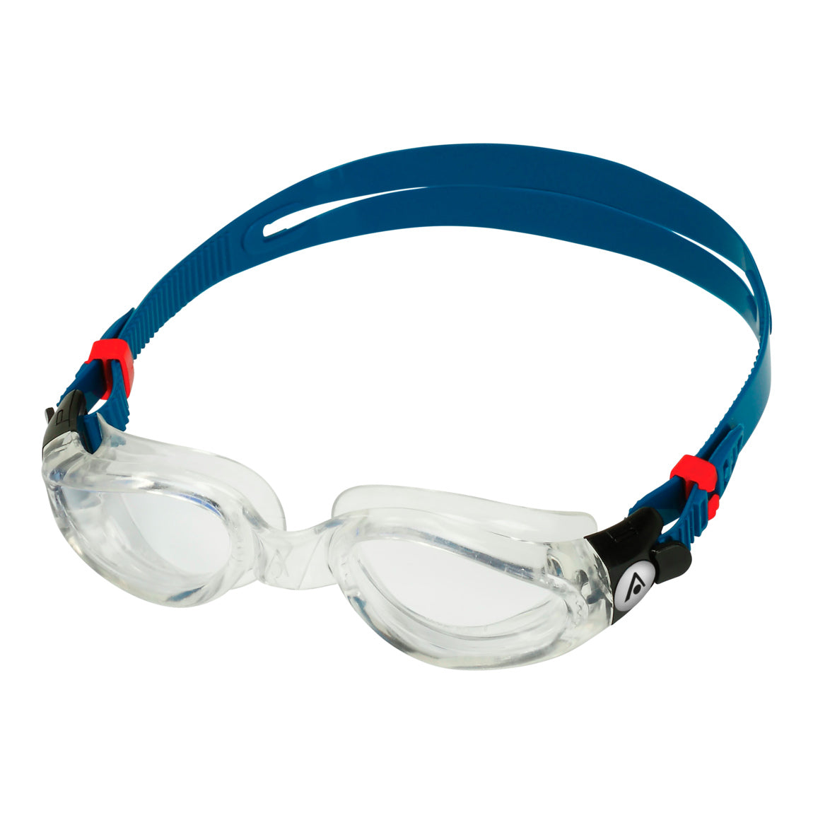 Aquasphere Kaiman swim goggles with clear lens and petrol frame, angled view