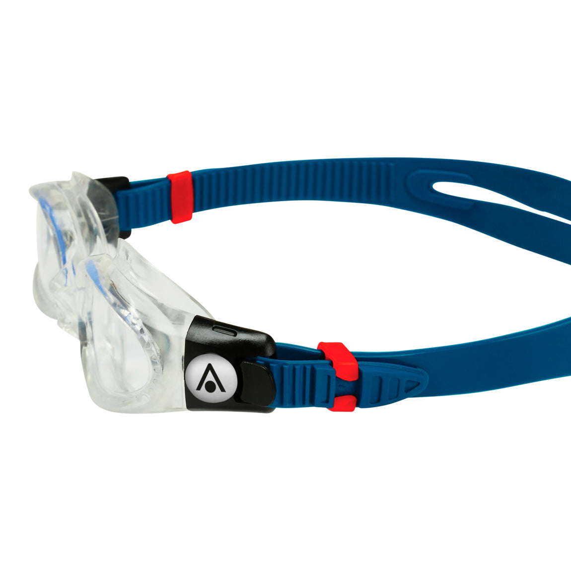 Aquasphere Kaiman swim goggles with clear lens and petrol frame, side detail view