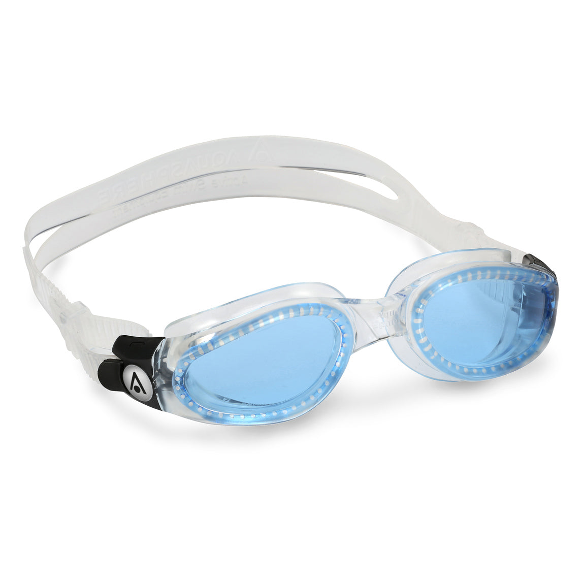 Aquasphere Kaiman swim goggles with blue tinted lens and clear frame, second angled view