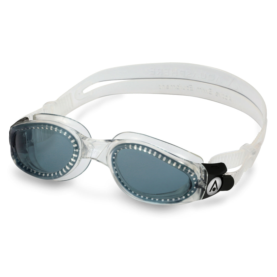 Aquasphere Kaiman swim goggles with smoke lens and clear frame, angled view