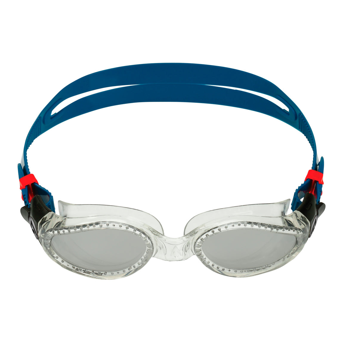 Aquasphere Kaiman swim goggles with silver mirrored lens and petrol frame, front view