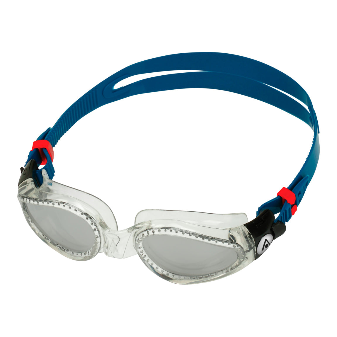 Aquasphere Kaiman swim goggles with silver mirrored lens and petrol frame, angled view
