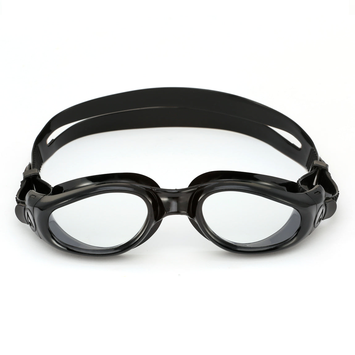 Aquasphere Kaiman swim goggles with clear lens and black frame, front view