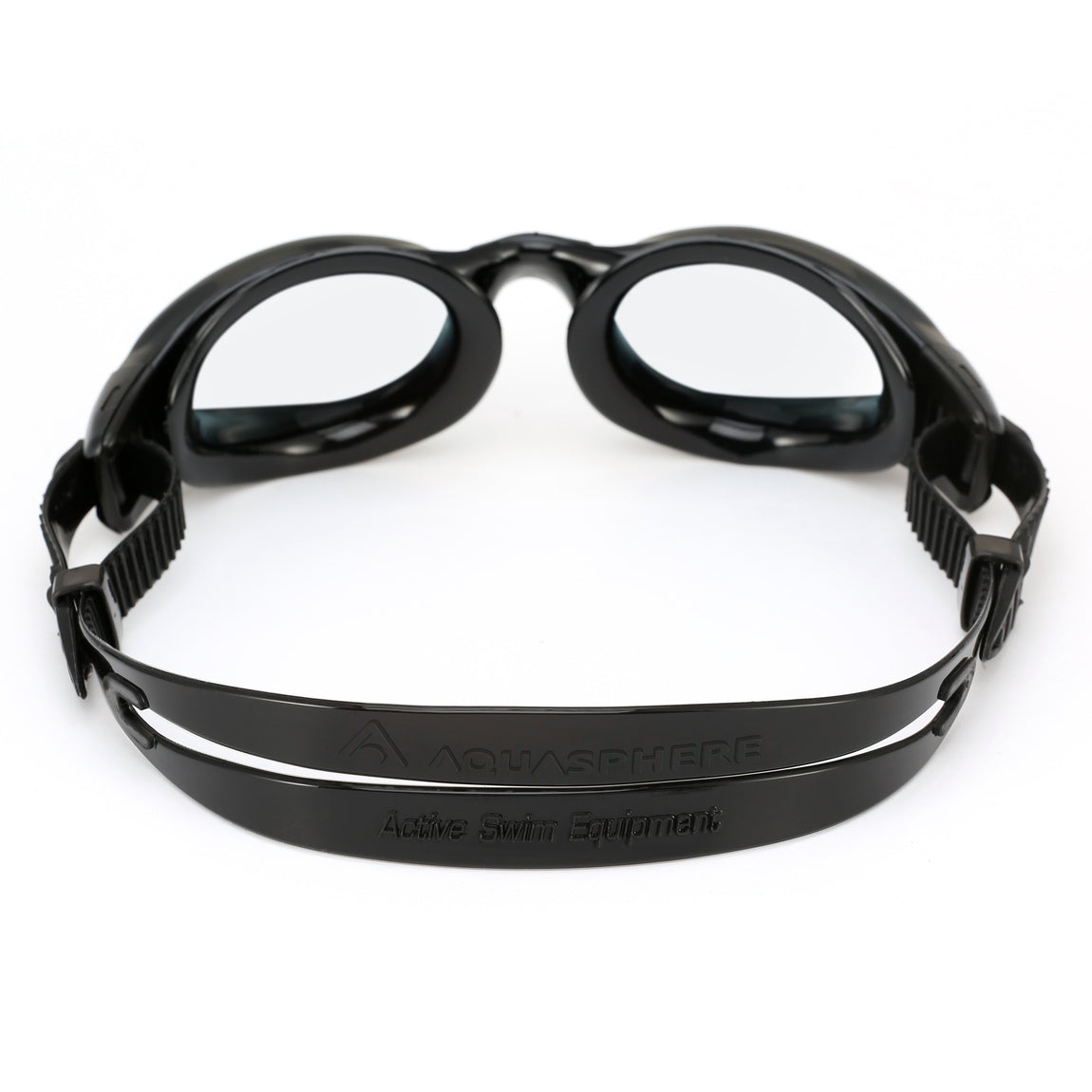 Aquasphere Kaiman swim goggles with clear lens and black frame, view from behind showing the strap