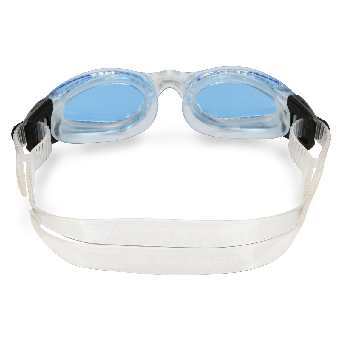 Aquasphere Kaiman Compact swim goggles with blue tinted lens and clear frame, view from behind showing the strap