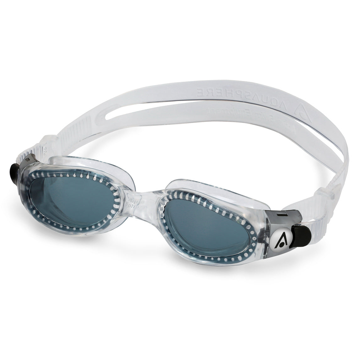 Aquasphere Kaiman Compact swim goggles with smoke lens and clear frame, second angled view
