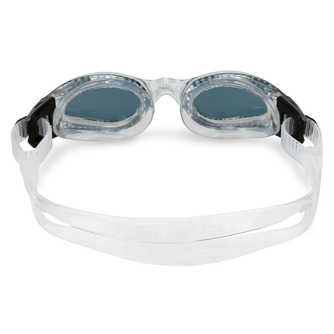 Aquasphere Kaiman Compact swim goggles with smoke lens and clear frame, view from behind showing the strap