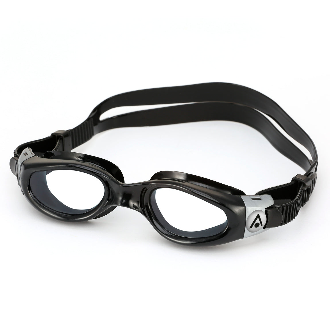 Aquasphere Kaiman Compact swim goggles with clear lens and black frame, second angled view
