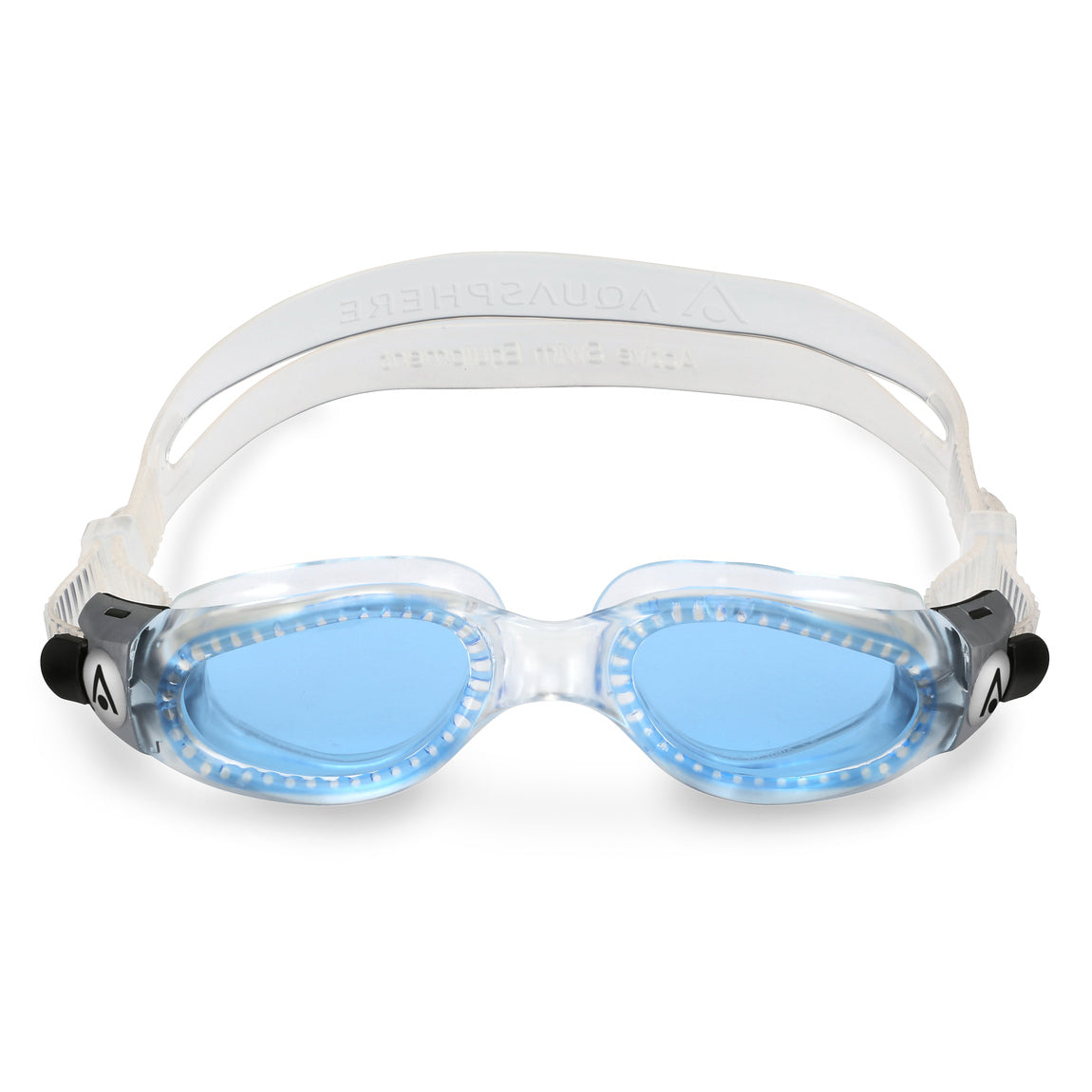 Aquasphere Kaiman Compact swim goggles with blue tinted lens and clear frame, front view