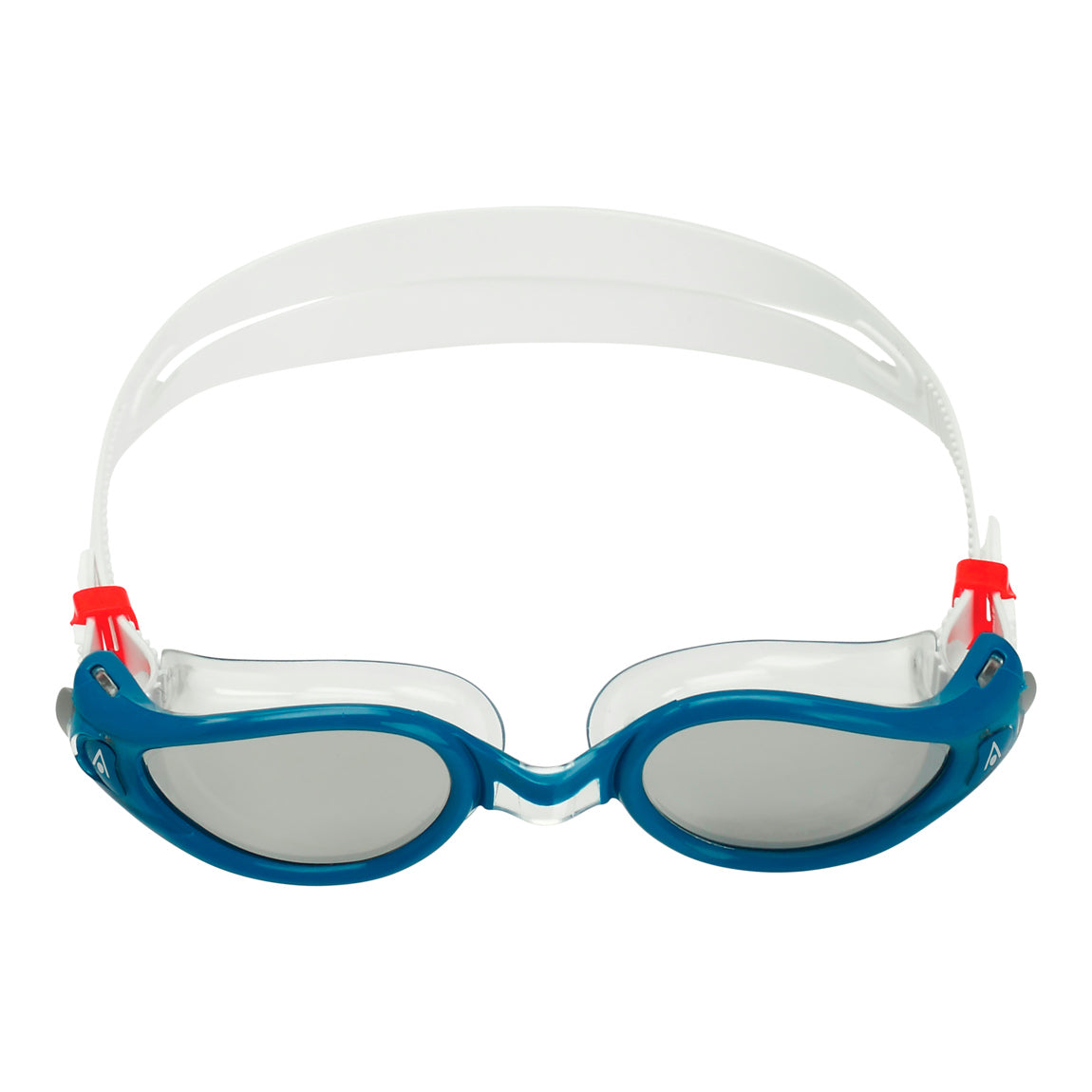 Aquasphere Kaiman Exo swim goggles with silver mirrored lens and petrol frame, front view
