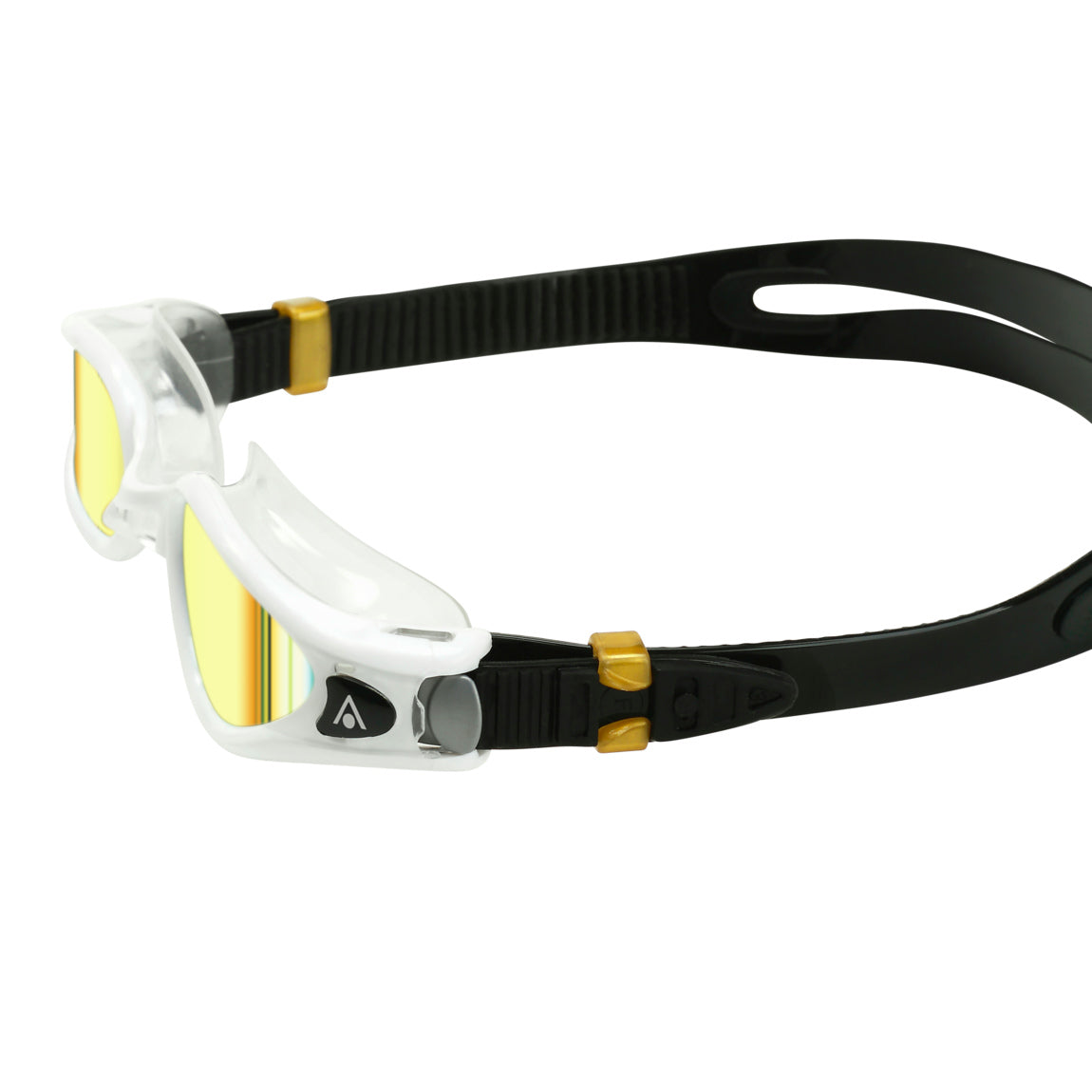 Aquasphere Kaiman Exo swim goggles with gold mirrored lens and white frame, side detail view