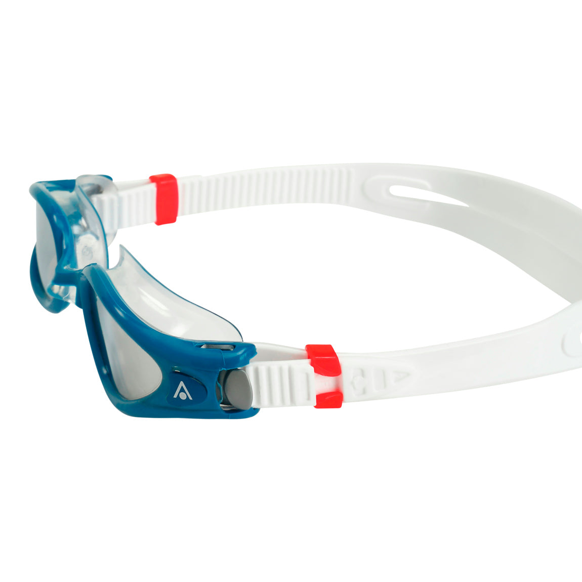 Aquasphere Kaiman Exo swim goggles with silver mirrored lens and petrol frame, side detail view