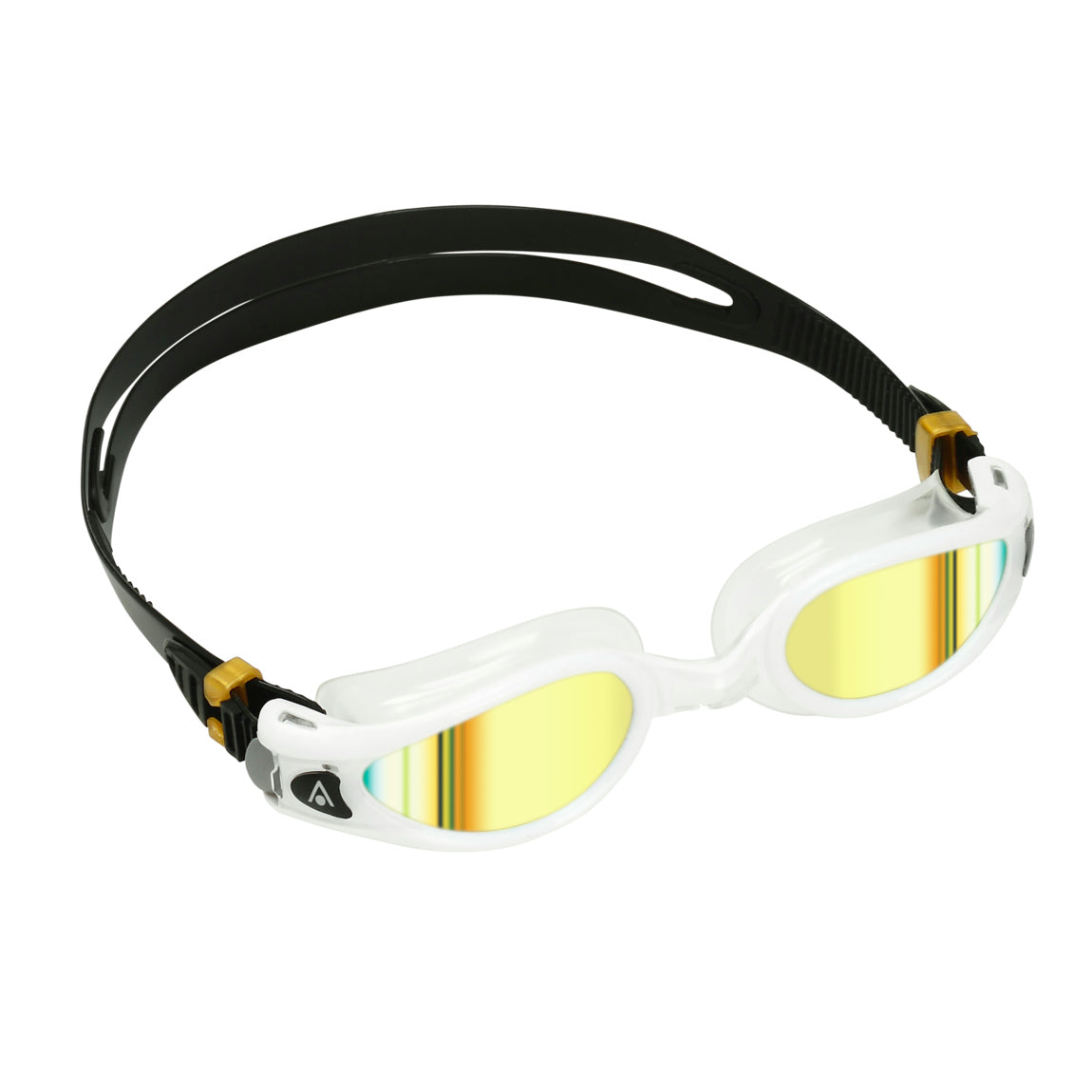 Aquasphere Kaiman Exo swim goggles with gold mirrored lens and white frame, second angled view
