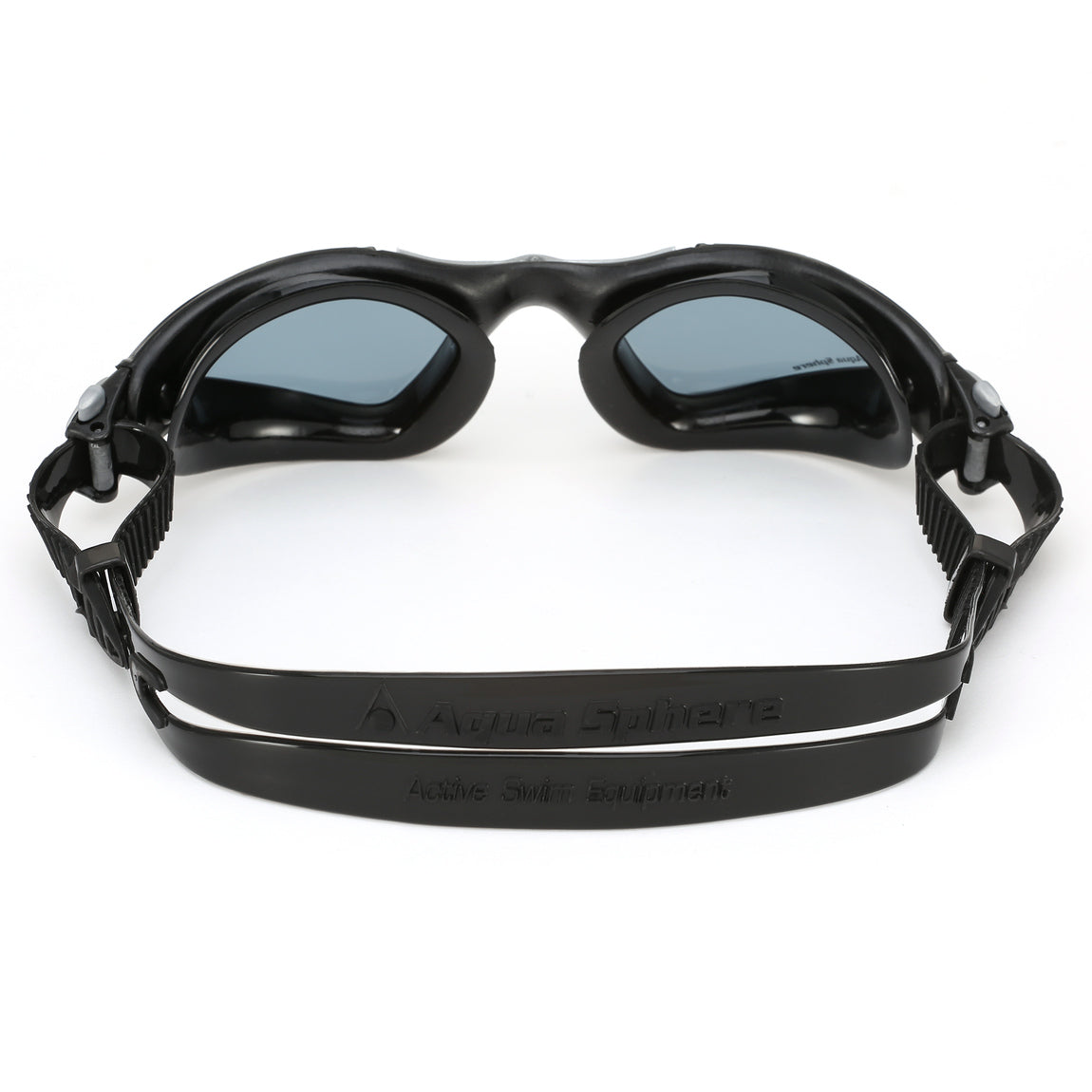 Aquasphere Kayenne swim goggles with smoke lens and black frame, view from behind showing the strap