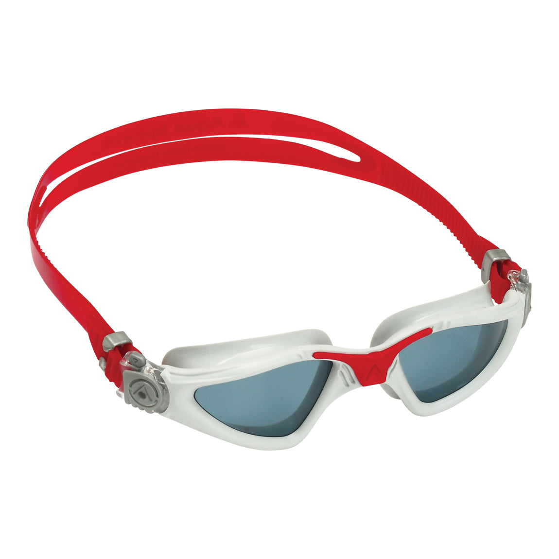 Aquasphere Kayenne swim goggles with smoke lens and red frame, angled view