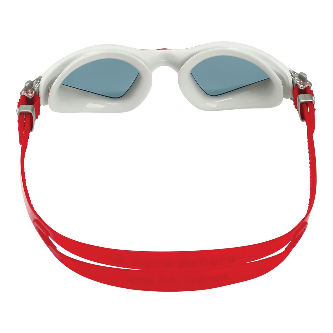 Aquasphere Kayenne swim goggles with smoke lens and red frame, view from behind showing the strap