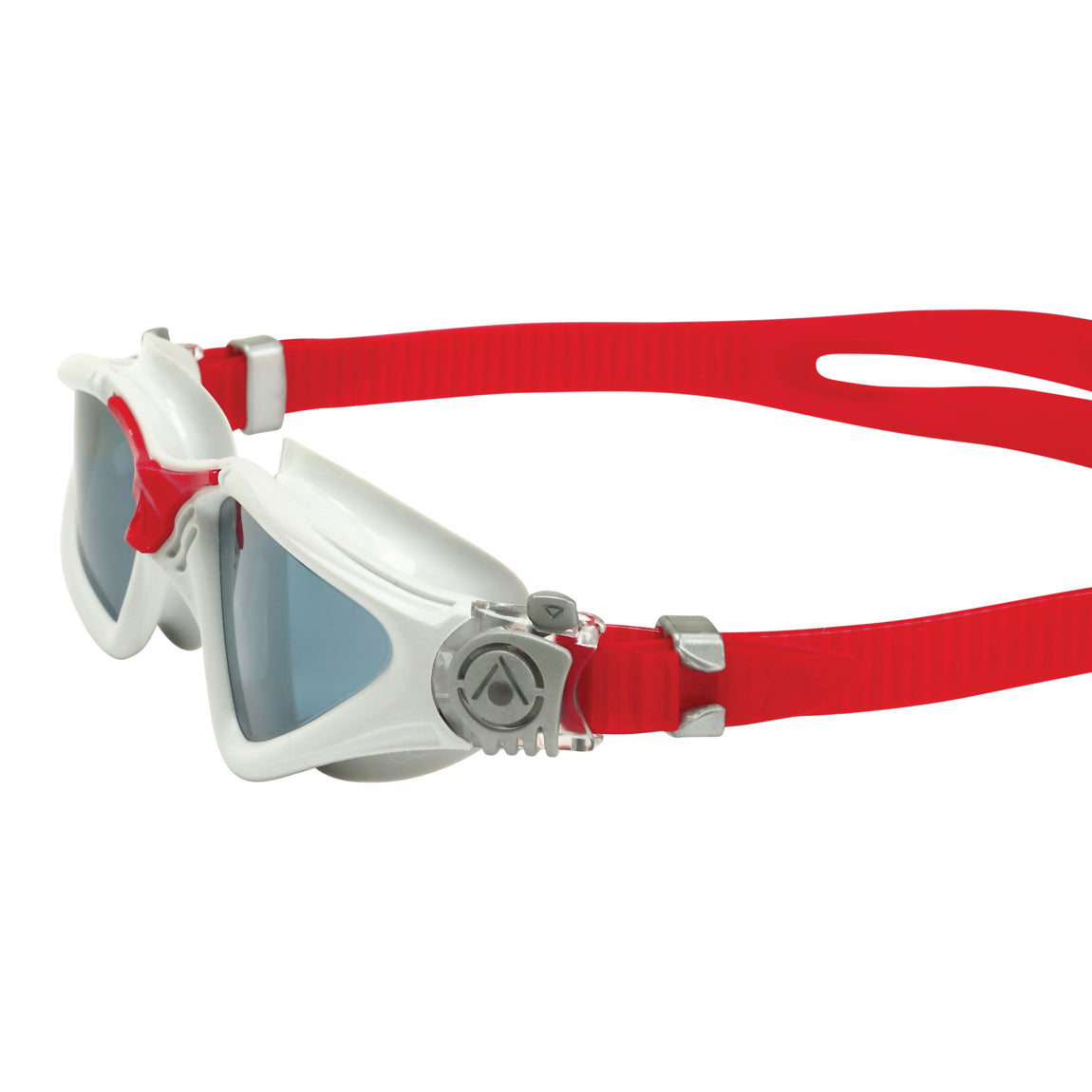 Aquasphere Kayenne swim goggles with smoke lens and red frame, side detail view