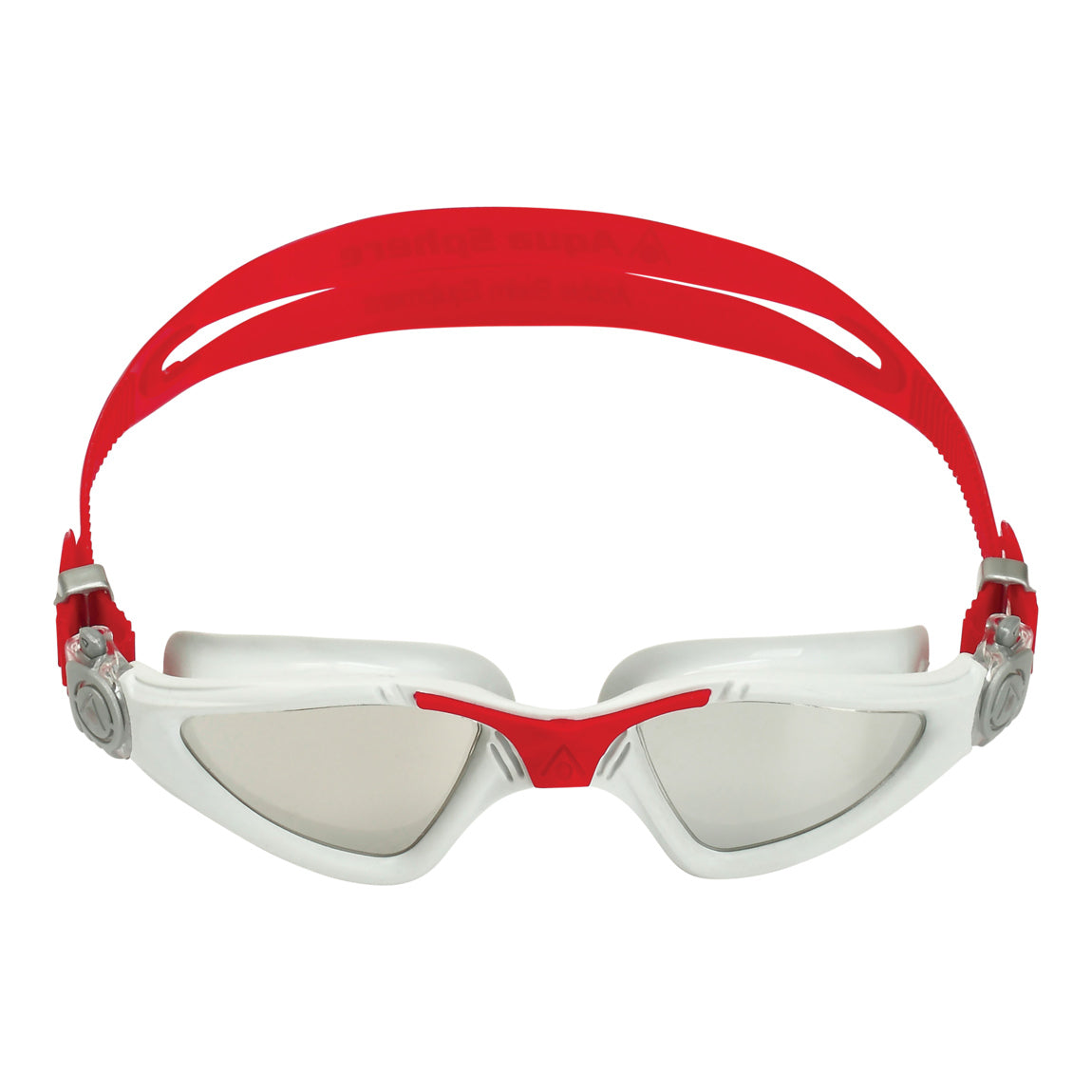 Aquasphere Kayenne swim goggles with silver mirrored lens and red frame, front view