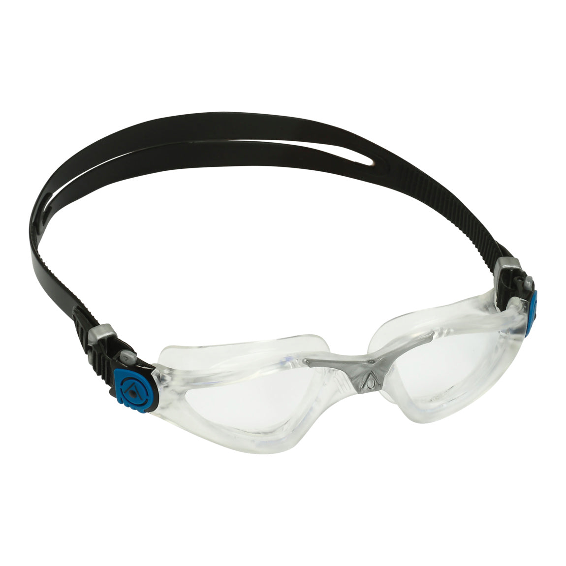 Aquasphere Kayenne swim goggles with clear lens and petrol frame, angled view