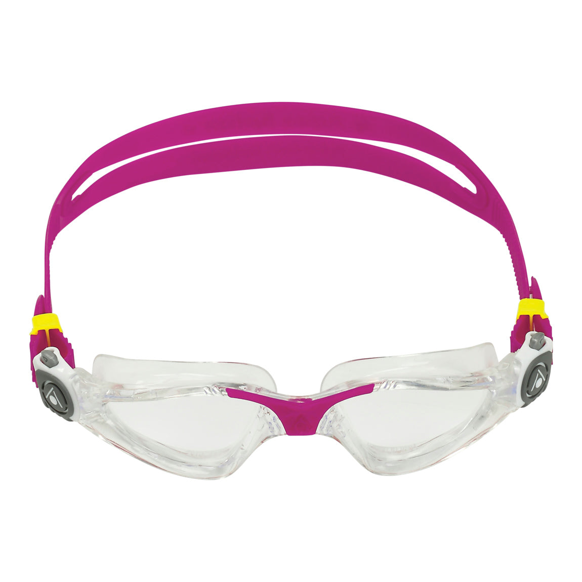Aquasphere Kayenne Compact swim goggles with clear lens and raspberry frame, front view