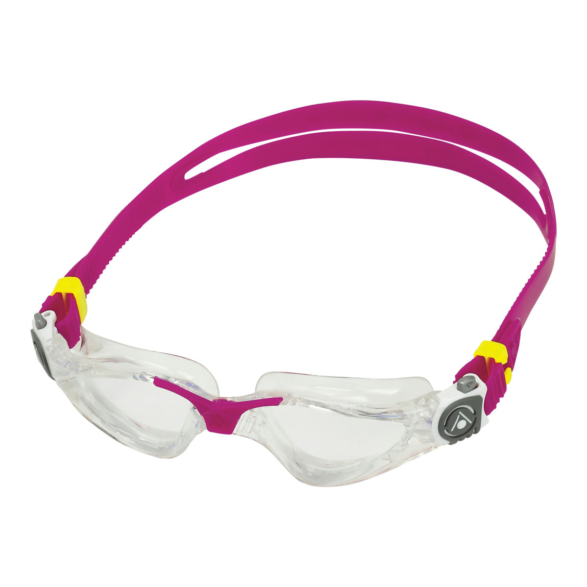 Aquasphere Kayenne Compact swim goggles with clear lens and raspberry frame, front view