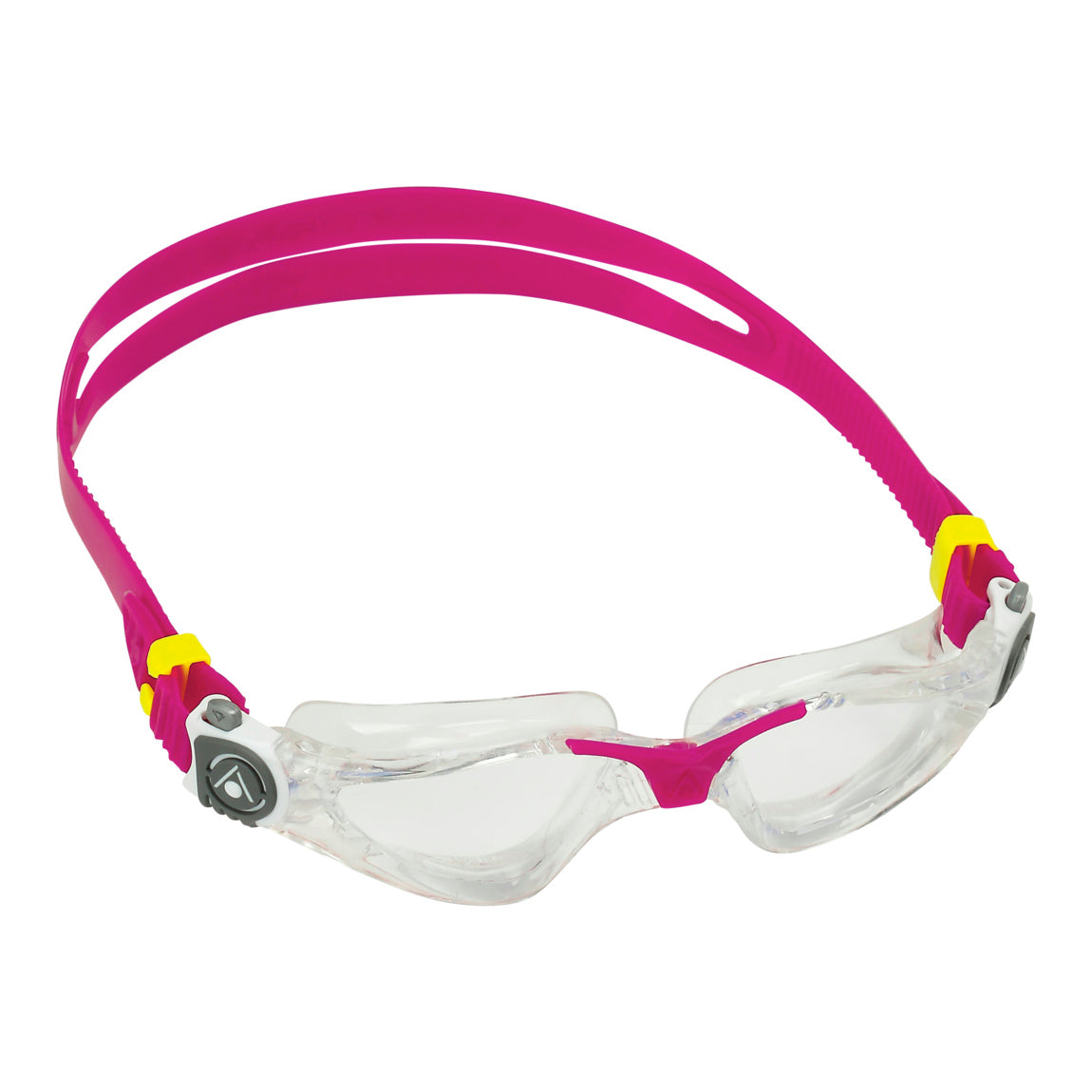 Aquasphere Kayenne Compact swim goggles with clear lens and raspberry frame, front view
