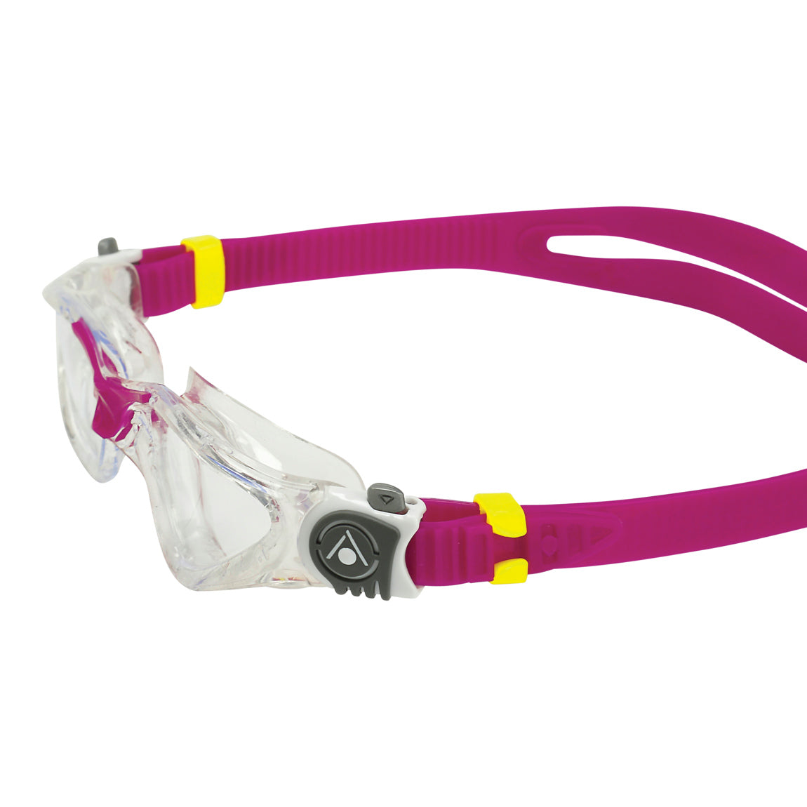 Aquasphere Kayenne Compact swim goggles with clear lens and raspberry frame, side detail view