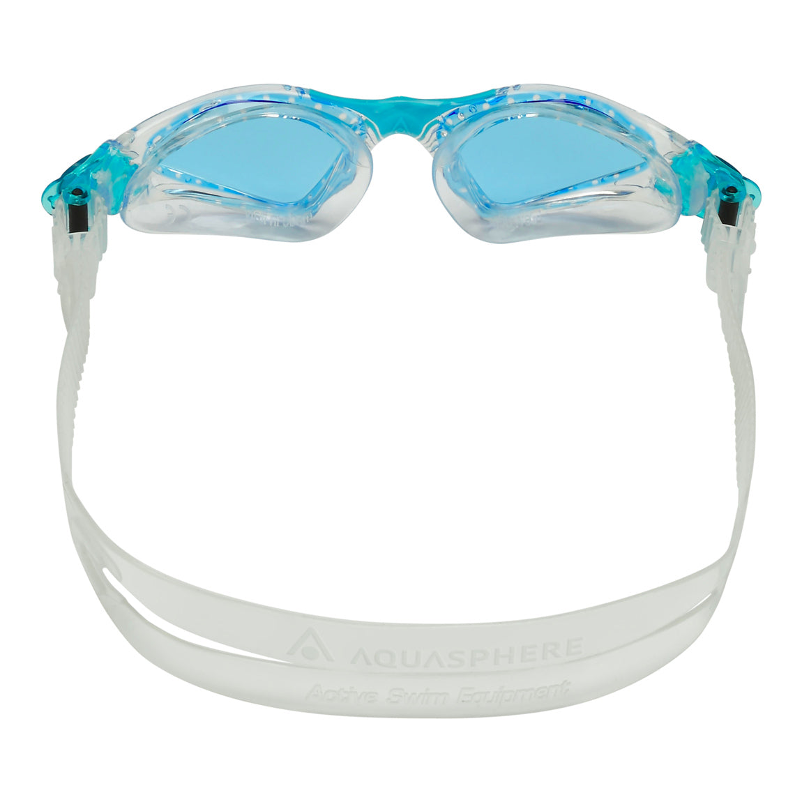 Aquasphere Kayenne Junior swim goggles with blue tinted lens and aqua frame, view from behind showing the strap
