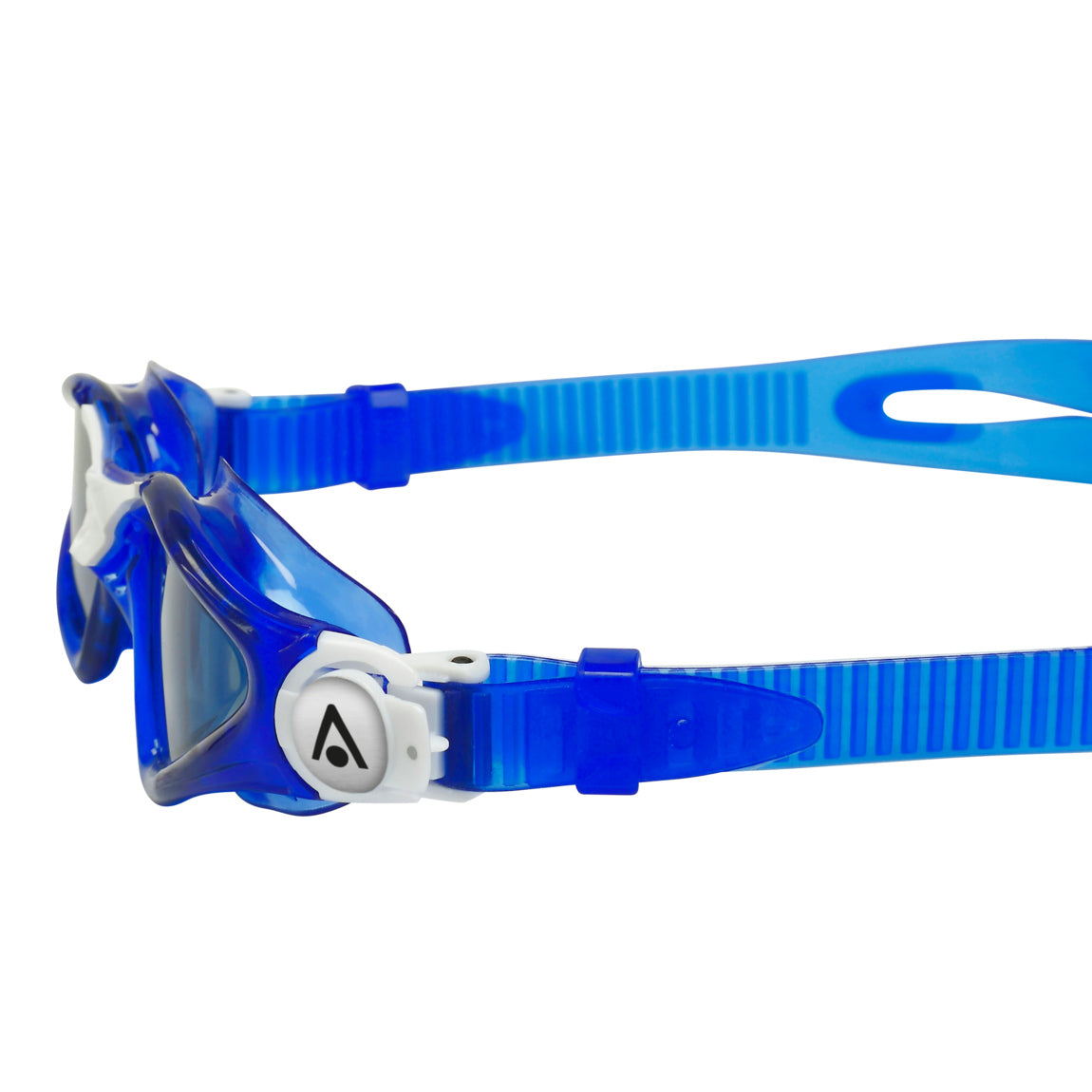 Aquasphere Kayenne Junior swim goggles with smoke lens and blue and white frame, side detail view