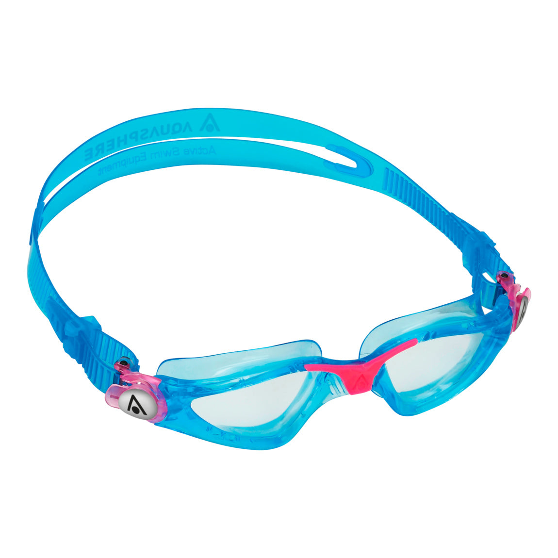 Aquasphere Kayenne Junior swim goggles with clear lens and aqua and pink frame, front view