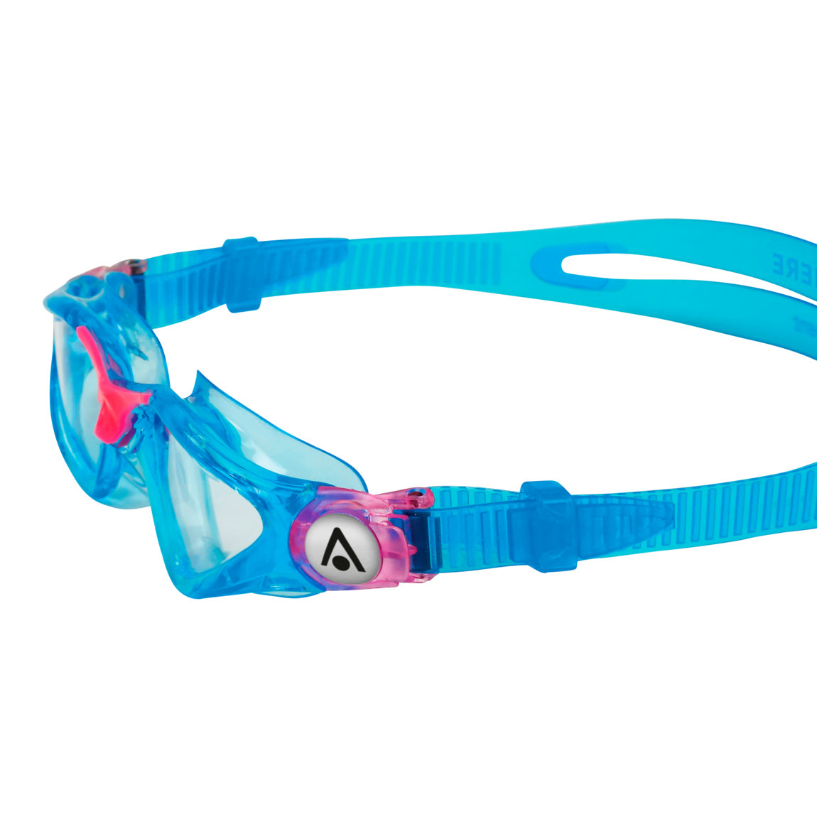 Aquasphere Kayenne Junior swim goggles with clear lens and aqua and pink frame, side detail view