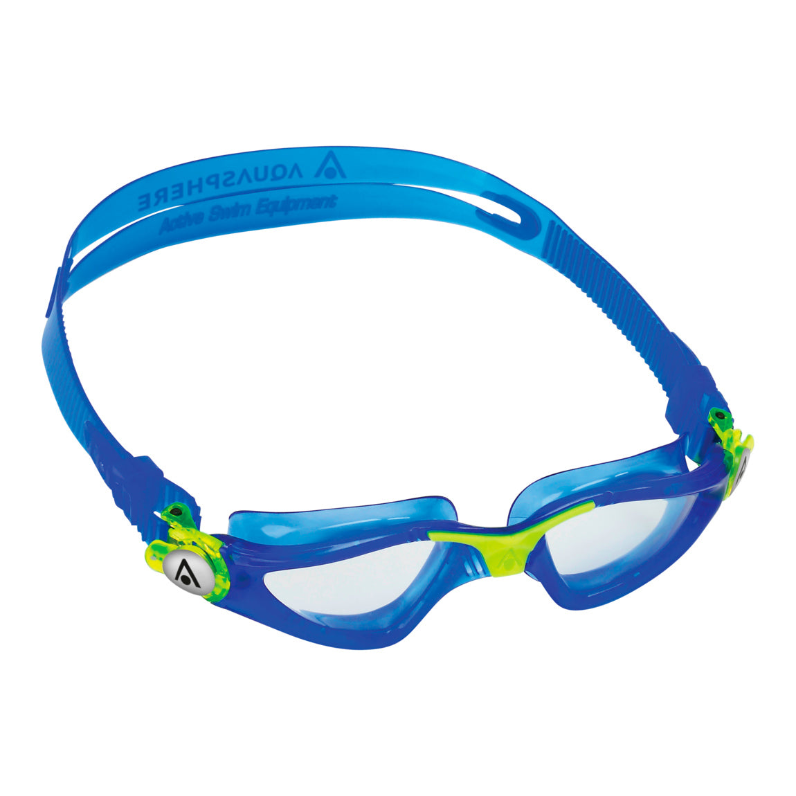 Aquasphere Kayenne Junior swim goggles with clear lens and blue and yellow frame, second angled view