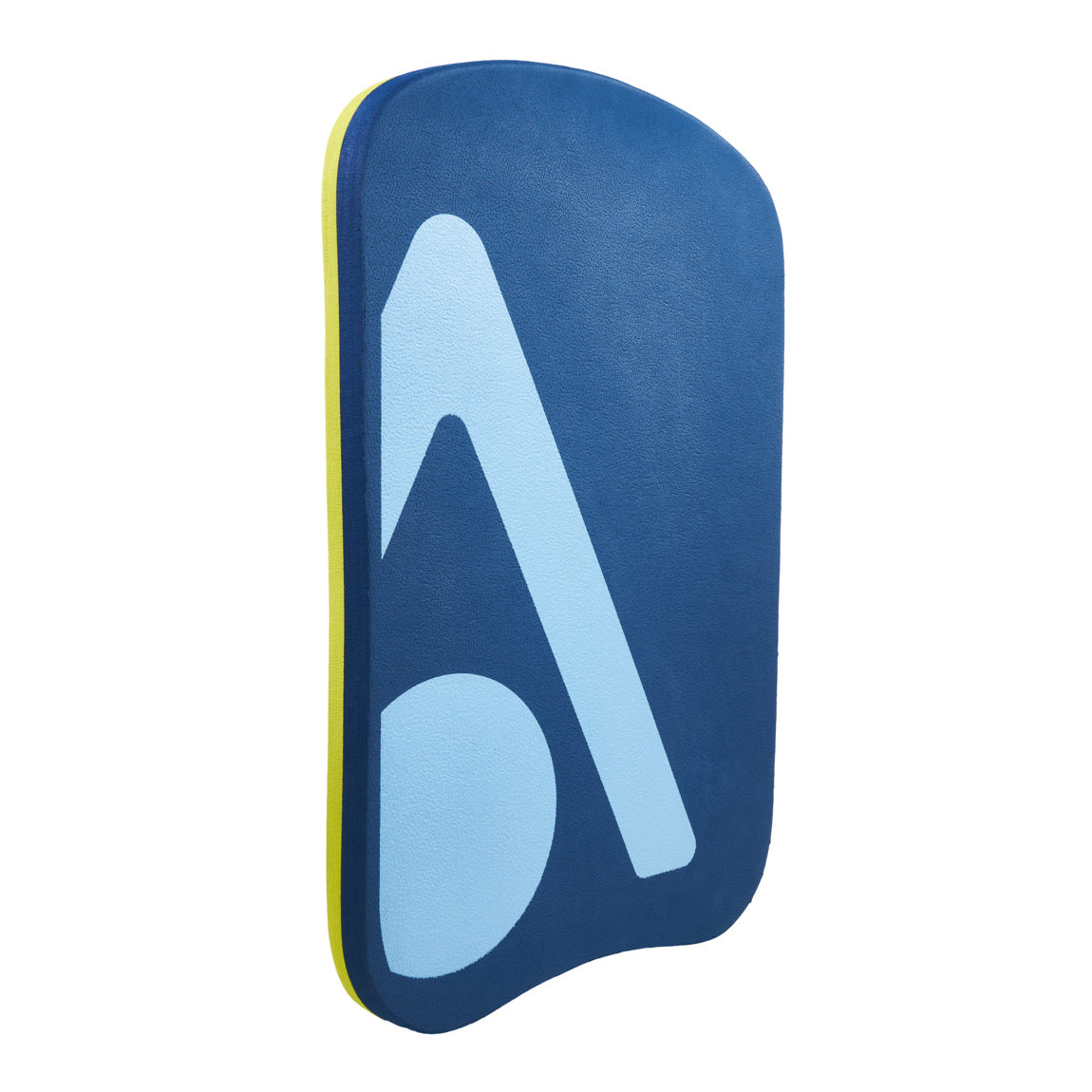 Aquasphere Kickboard in navy blue with a yellow edge and large logo, seen at an angle