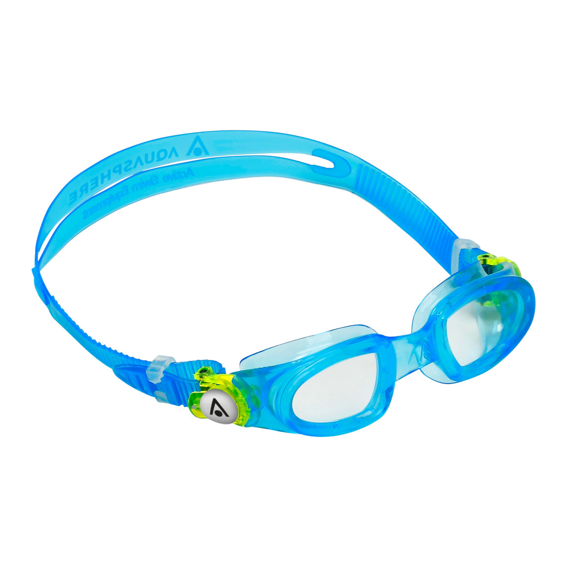 Aquasphere Moby Kid swim goggles with clear lens and blue and green frame, front view