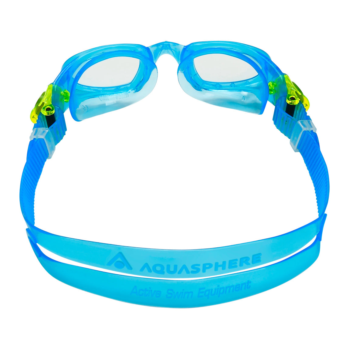 Aquasphere Moby Kid swim goggles with clear lens and blue and green frame, front view