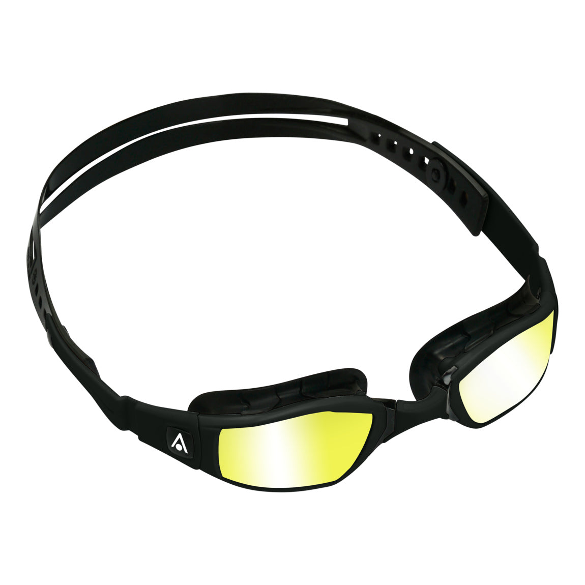 Aquasphere Ninja swim goggles with yellow mirrored lens and black frame, second angled view