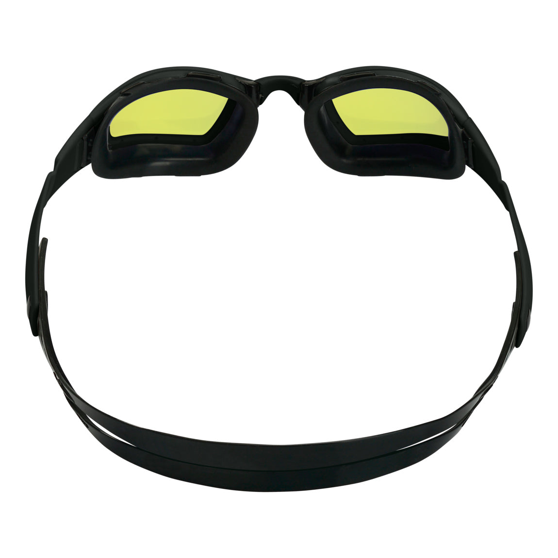 Aquasphere Ninja swim goggles with yellow mirrored lens and black frame, view from behind showing the strap