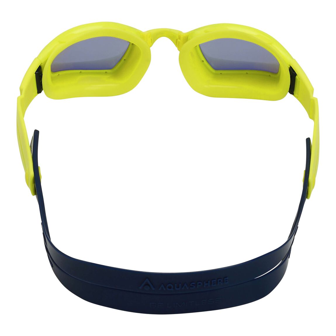 Aquasphere Ninja swim goggles with yellow mirrored lens and navy and yellow frame, view from behind showing the strap
