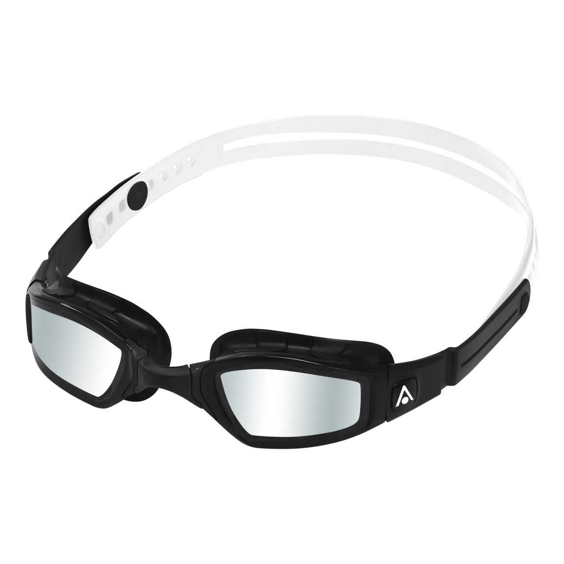 Aquasphere Ninja swim goggles with silver mirrored lens and black and white frame, angled view