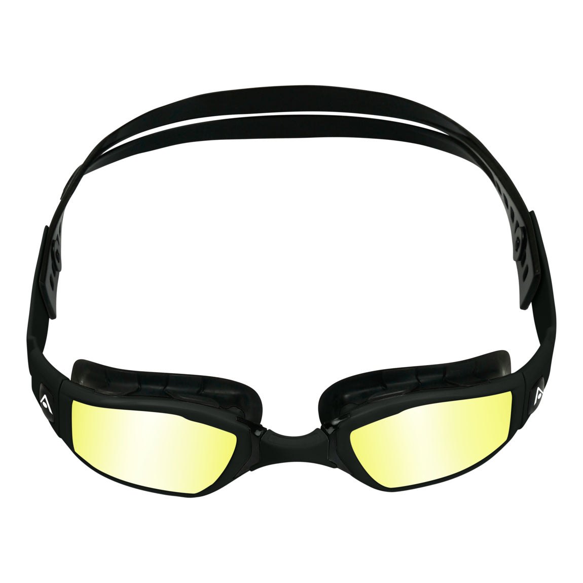 Aquasphere Ninja swim goggles with yellow mirrored lens and black frame, front view