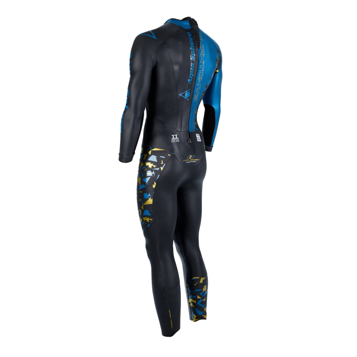 Aquasphere Phantom V3 mens triathlon wetsuit from the front, black with blue arms and gold camo side panels