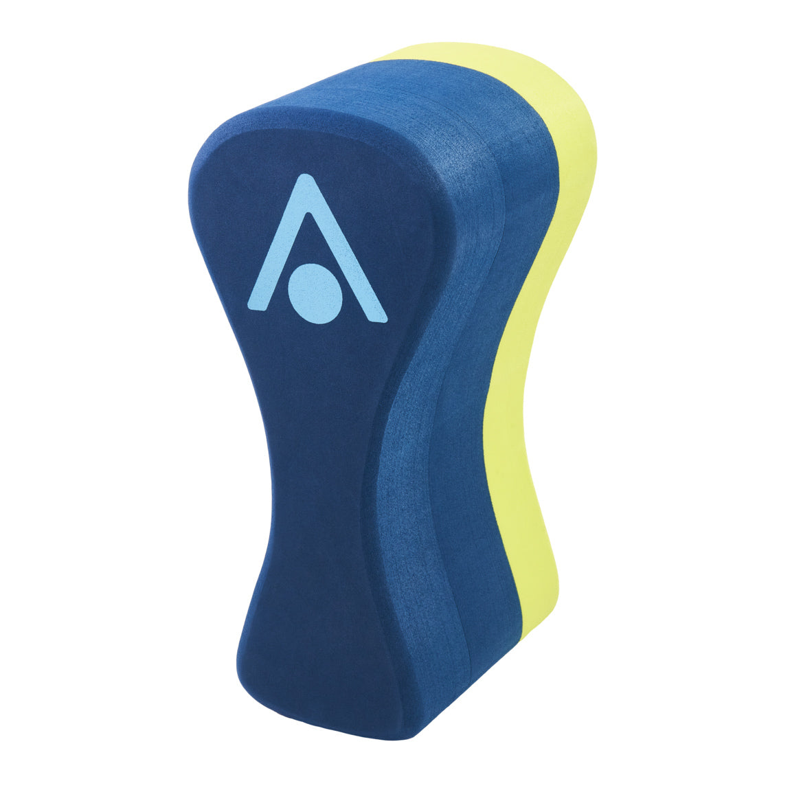 Aquasphere Pull Buoy in navy and yellow foam layers, seen at an angle