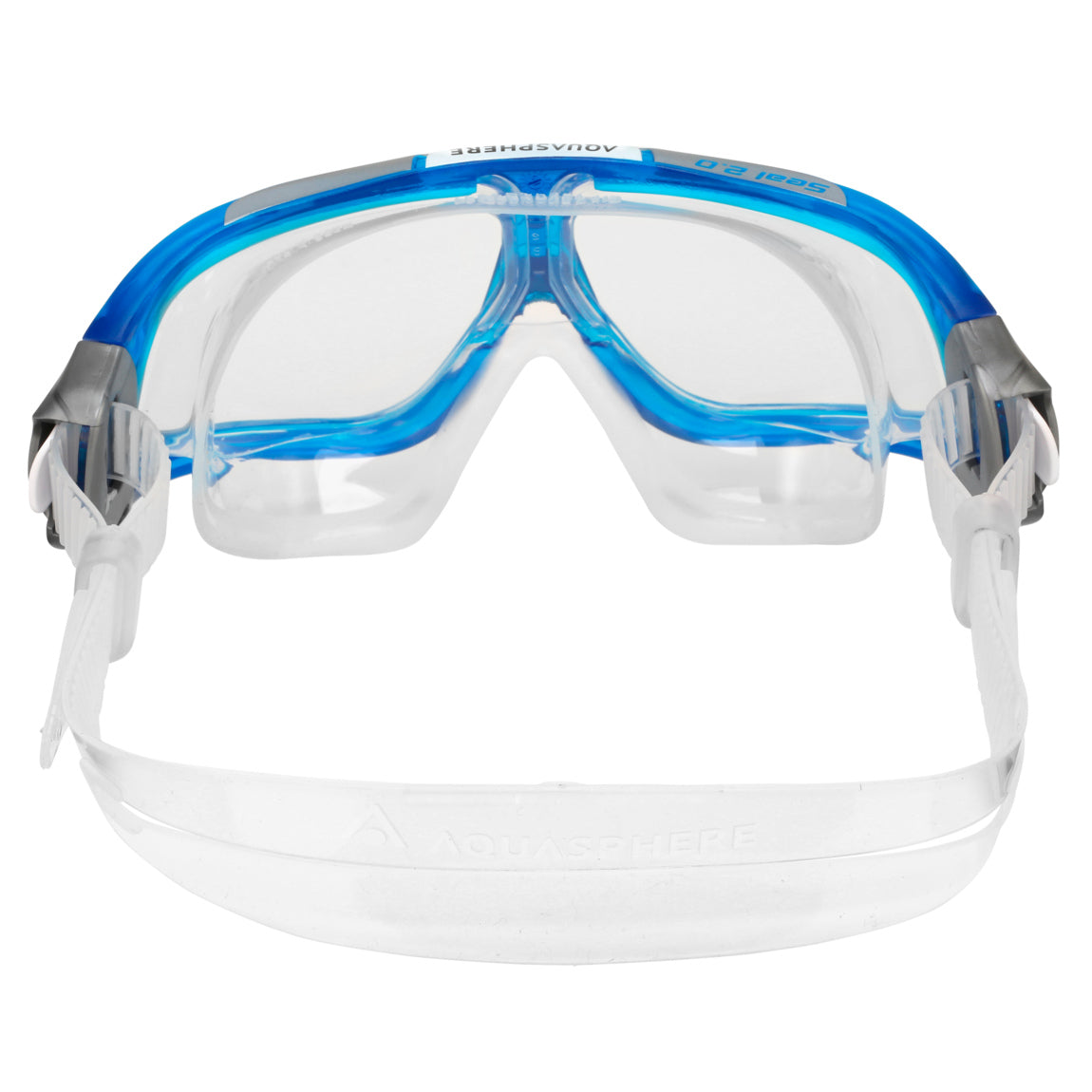 Aquasphere Seal 2.0 swim mask with clear lens and blue and white frame, front view