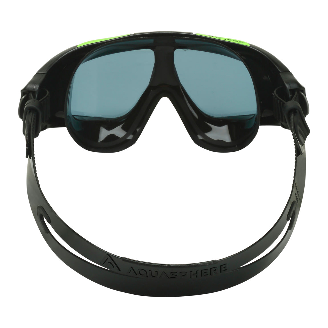 Aquasphere Seal 2.0 swim mask with smoke lens and black and green frame, view from behind showing the strap